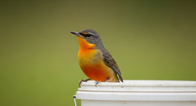 A small bird with vibrant orange and grey feathers perches on a white ledge against a blurred green background
