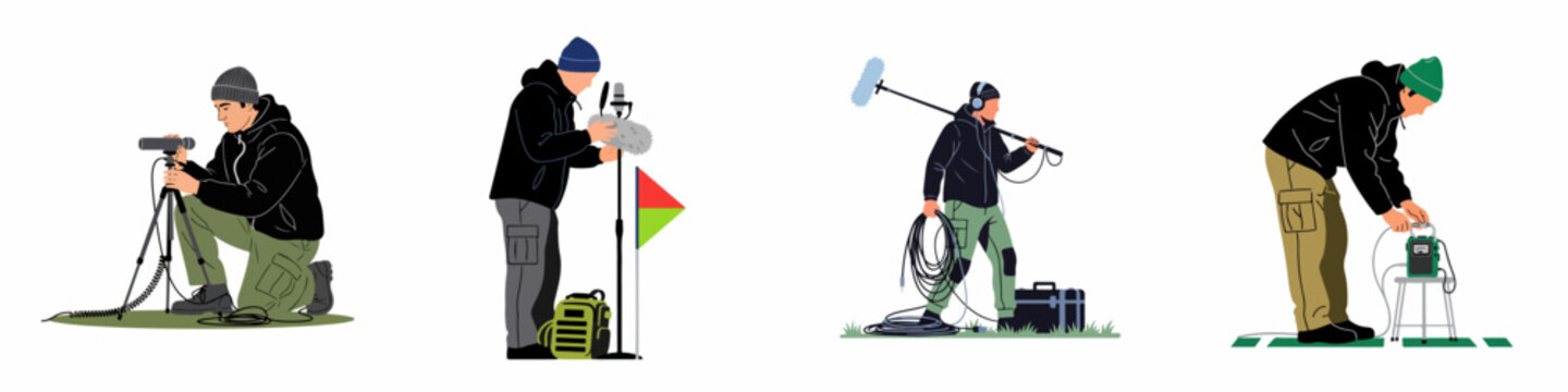Collection of sound engineers and field recordists working with professional audio equipment, flat vector illustrations isolated on white background.