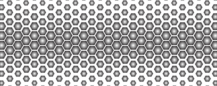 Abstract background featuring a geometric honeycomb hexagon pattern with a 3D gradient halftone effect transition from dark grey to white, creating a modern metallic mesh texture.