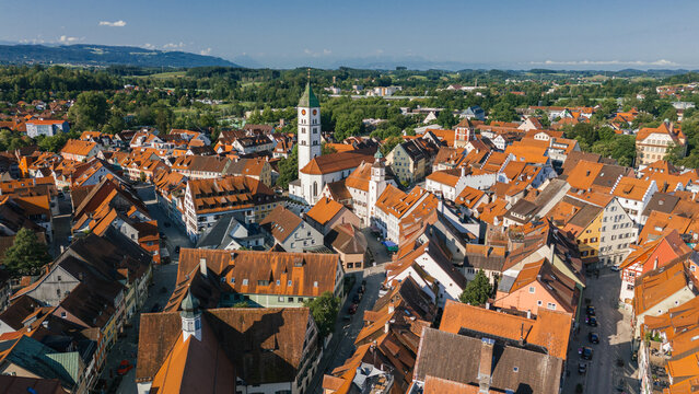 Aerial view of Marktplatz and historic Blaserturm tower in Wangen im Allgau
