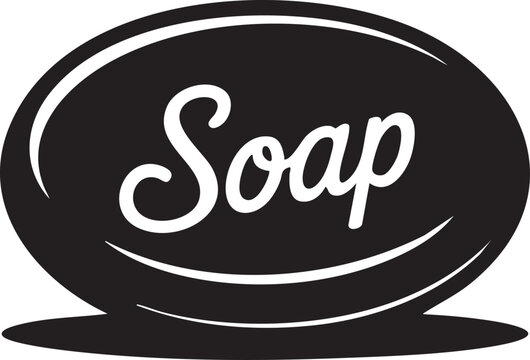Black and white soap bar icon with white text on a clean background