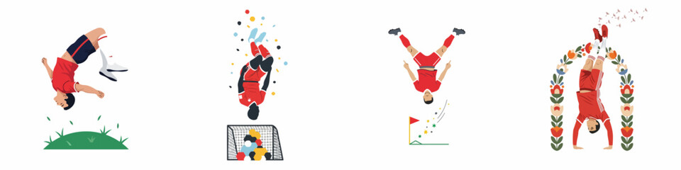 Set of four creative illustrations showing professional football players celebrating goals with athletic flips and acrobatic stunts. © Muqodimatul