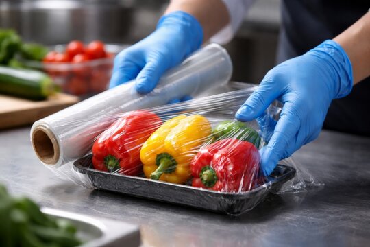 Close-up of gloved hands stretching clear cling film over tray of fresh red, yellow, and green bell peppers on stainless steel countertop in commercial kitchen environment; roll of plastic wrap