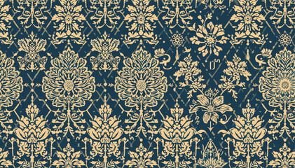 Intricate seamless damask pattern with ornate floral motifs in gold on a dark blue background, creating a luxurious vintage textile design. © Roma
