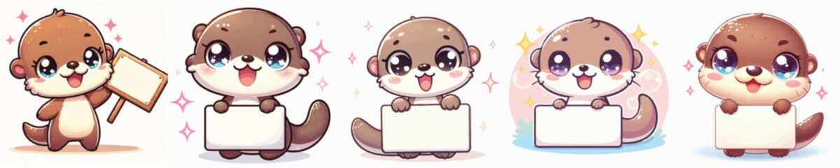 Vector of a cute cartoon otter character holding a blank sign board © FirdianKrisna