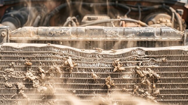Creative Dirty car radiator with dust and sand, close-up view, automotive engine component, dusty vehicle part 2k