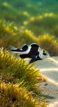 A small black and white fish swims near green seaweed on the ocean floor