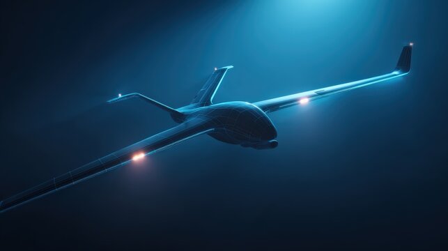 A sleek, modern drone with glowing orange lights navigates through the dark blue abyss, its wings outstretched in a powerful. ..Created with Generative AI, not depicting real subjects.