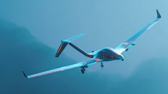 Futuristic drone with sleek, illuminated wings soars through a moody, atmospheric sky, embodying advanced aerial technology and innovation. ..Created with Generative AI, not depicting real subjects.