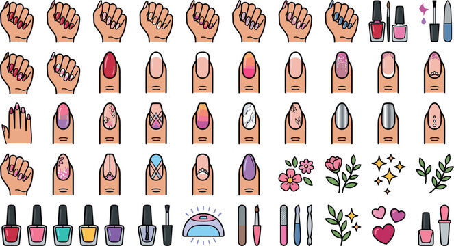 Comprehensive Nail Art Extension Set with French Tip Ombre Patterns Polish Bottles UV Dryer and Floral Icons for Beauty Salon Branding and Manicure Designs