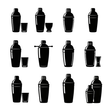 Minimalist cocktail shaker icons, black silhouette barware set of 12 vector elements, professional bartender tools for drink menu design