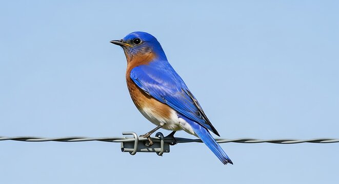 A small blue bird perches on a barbed wire against a clear sky
