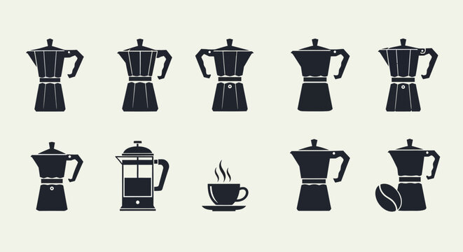 Vintage coffee maker icon set, black moka pot and french press vector silhouettes, espresso cup and bean graphics for cafe branding