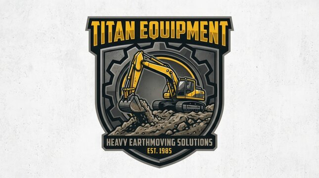 Earthmoving construction company logo featuring excavator and gear in shield frame style.
