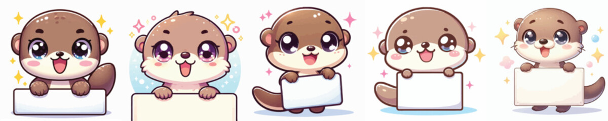 Vector of a cute cartoon otter character holding a blank sign board © FirdianKrisna