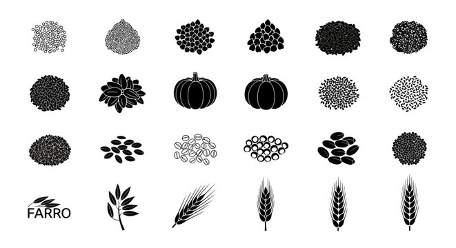 Cereal grain and seed icons set, black silhouette organic groats and legumes, 24 vector elements for food packaging and agriculture