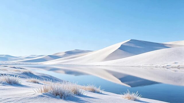 Snowy desert landscape with lake
