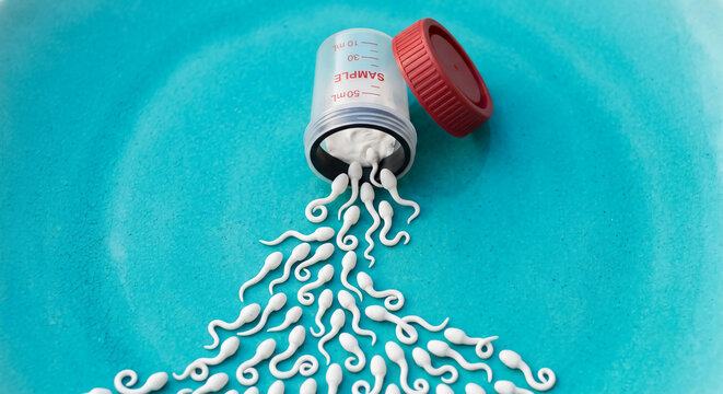 White sperm models pour out from an open medical specimen cup labeled "SAMPLE" with a red lid, resting on a textured turquoise surface.