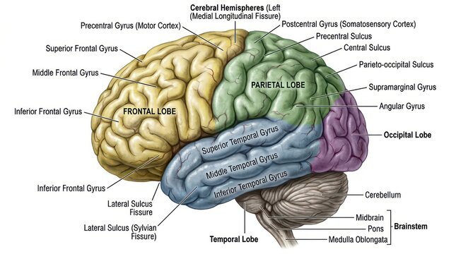 Detailed human brain anatomy diagram showing lobes gyri sulci and brainstem for medical edu.