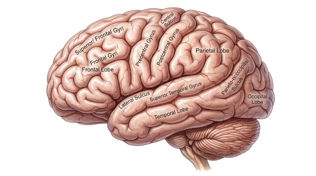 Detailed anatomy of human brain lateral view with labeled regions and cerebral surface.