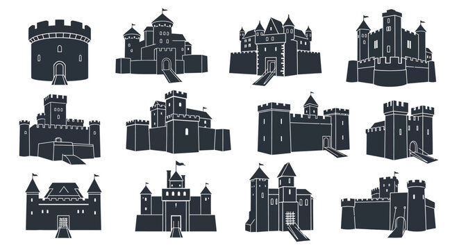 Medieval castle silhouette collection, set of 12 historical fortress icons. Ancient stone citadel vector illustrations for map design and gaming