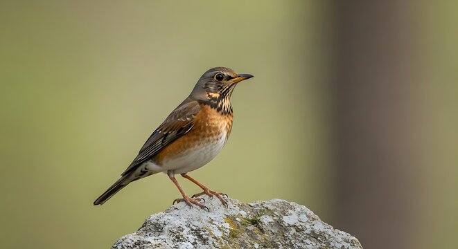 A small brown bird perches on a mossy rock outdoors