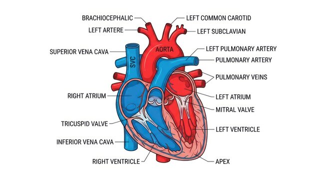 Anatomical view of human heart labeled with blood vessels and chambers for medical research.