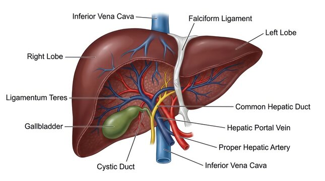 Anatomy of human liver diagram showing lobes gallbladder ducts and major blood vessels view.