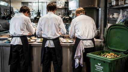 Fototapeta premium Three chefs in white jackets and black aprons plate finished dishes during rush service inside stainless steel kitchen, seen from behind near heat lamps, shelves, prep area, and cookware