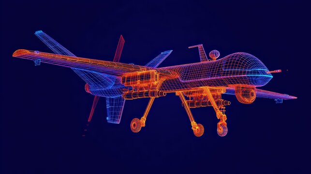 A digital wireframe model of a military drone, depicted in vibrant blue and orange hues against a deep blue background. ..Created with Generative AI, not depicting real subjects.