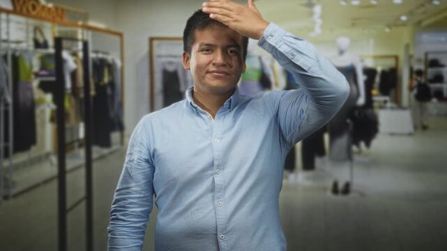 Man covers face with hand while lifting arm and wearing button shirt inside a clothing store in a shopping building; shyness introspection.