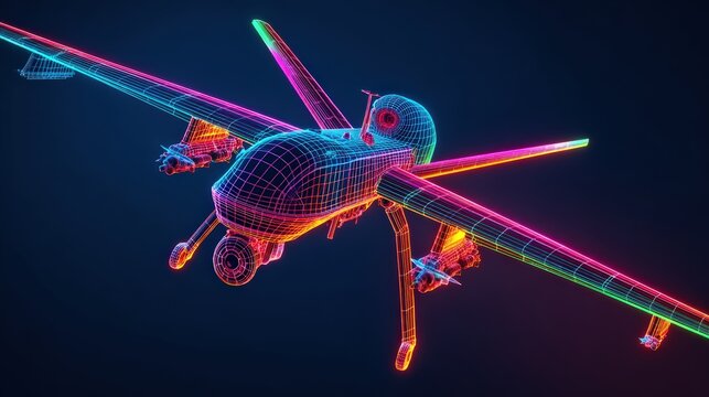 A vibrant, wireframe 3D model of a military drone showcases advanced technology with a colorful, glowing neon aesthetic against a dark. ..Created with Generative AI, not depicting real subjects.