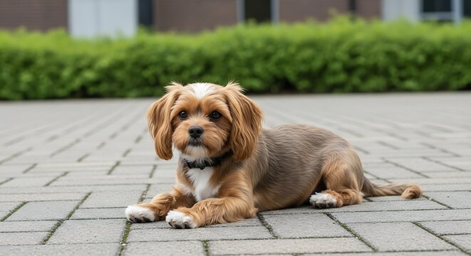 A small brown dog with white markings lies on a brick sidewalk