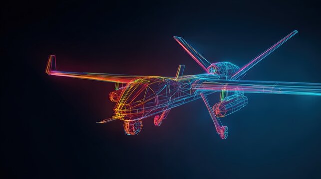 A 3D wireframe rendering of a military drone, depicted with vibrant neon lights, symbolizing advanced technology and modern warfare. ..Created with Generative AI, not depicting real subjects.