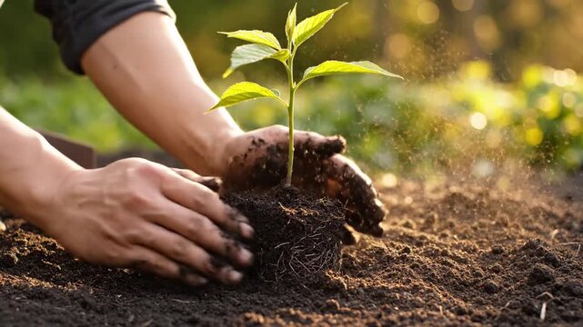 Person planting young sapling in dark rich soil.
