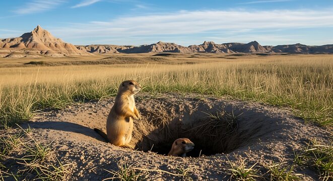A small brown rodent stands alert at the edge of its burrow in a dry grassy field with rocky formations