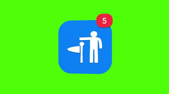 3D blue full body human silhouette standing by a tall checkpoint location marker flag indicating tourist destination navigation notification icon popping up on green screen.