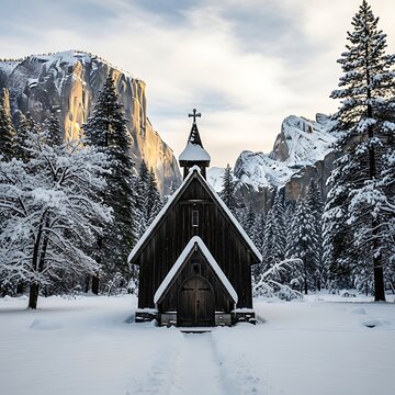 A small, dark wooden church with a snowy roof and a cross on top, surrounded by snow-covered trees and mountains
