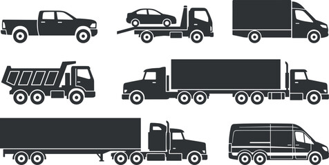 Set of freight automobile glyph icons displaying dump truck pickup truck and tow truck symbols, © Afroja