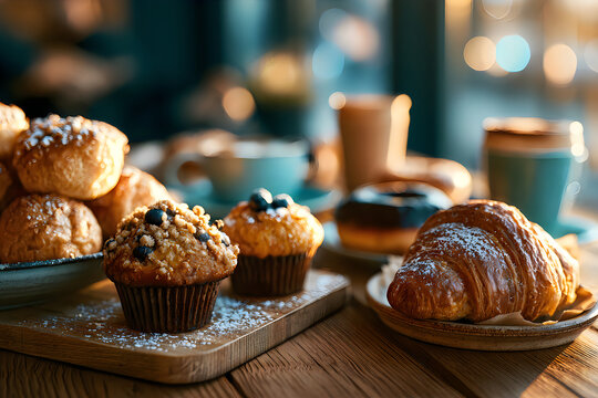 Assorted fresh pastries and muffins on wooden serving board