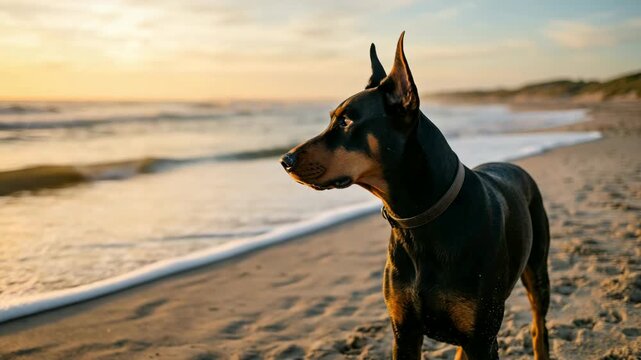 doberman pinscher on huntington beach california golden light close up video
