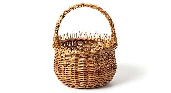 A small, empty, woven basket with a handle on a white background