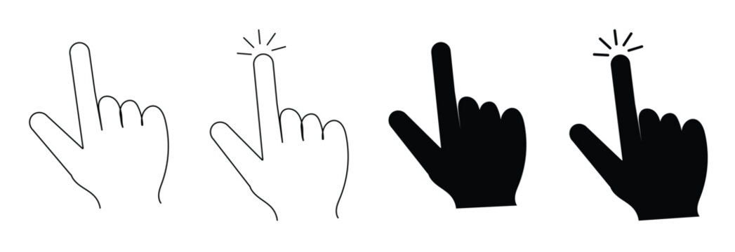 Hand Cursor Icon Set in Outline and Solid Black Styles for User Interface and Web Navigation