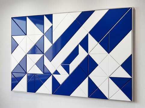 Abstract blue and white geometric tile wall art