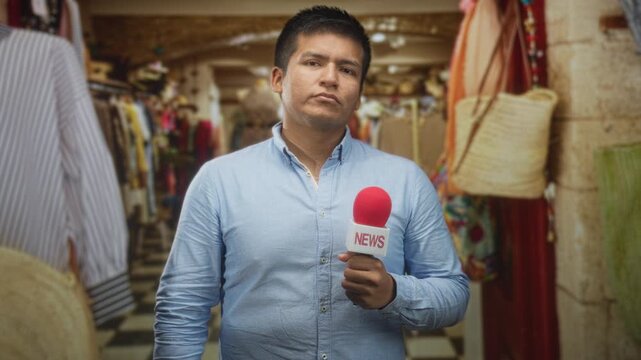 Man reporter holds red microphone in hand in an indoor market aisle among stalls and woven baskets while facing forward; serious reporting.