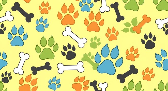 Colorful Paw Print and Dog Bone Pattern on Yellow Background