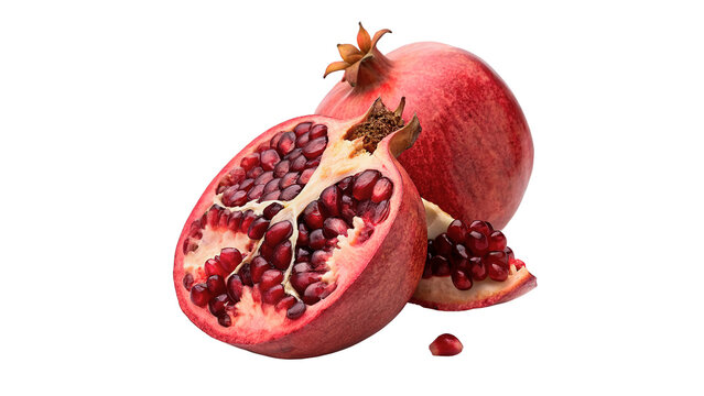 Fresh ripe red pomegranate split open with juicy scattered seeds isolated on transparent background cut out