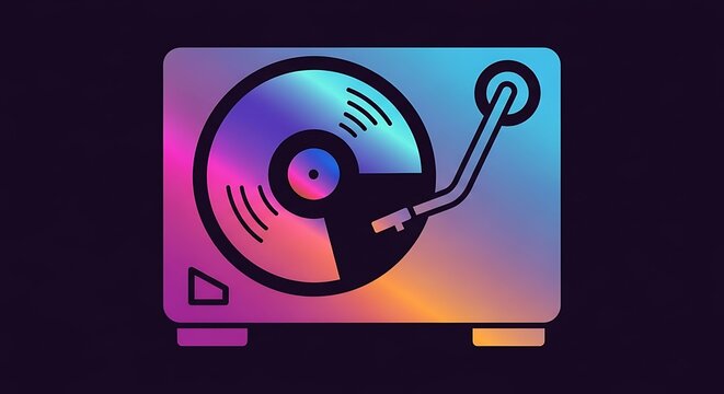 Neon gradient turntable icon on dark background.