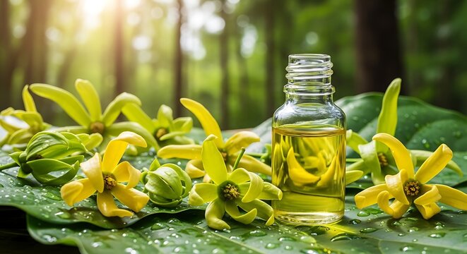A small glass bottle of yellow liquid surrounded by green leaves and yellow flowers on a forest floor