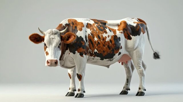 Brown and white cow standing still.